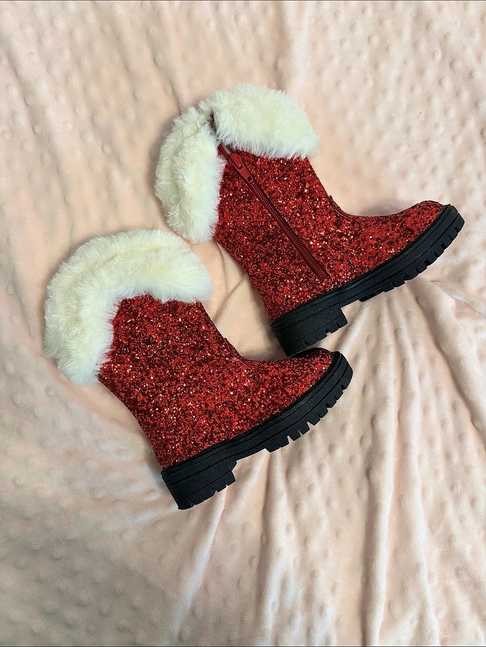 Glitter Fur-Cuff Boots in Red